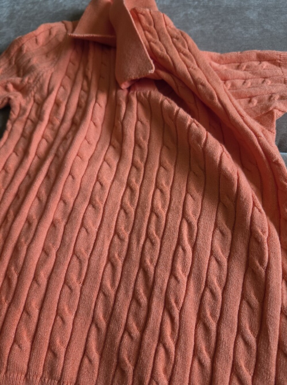 Cable Knit Sweater Short Sleeve Polo Top V Neck Bright Orange Sz L - Picture 4 of 5